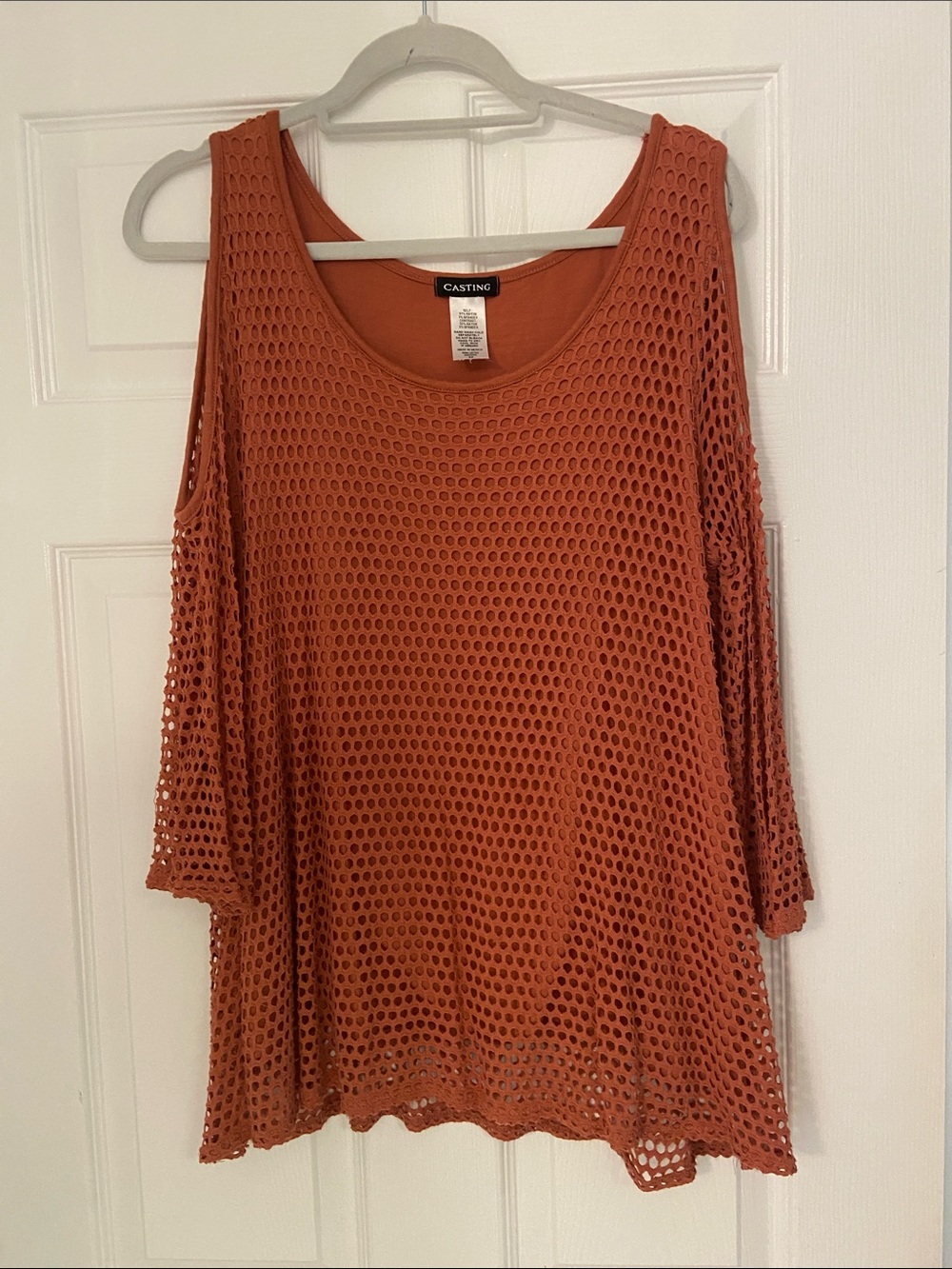 Casting Open-Knit Cold Shoulder Tunic in Rust